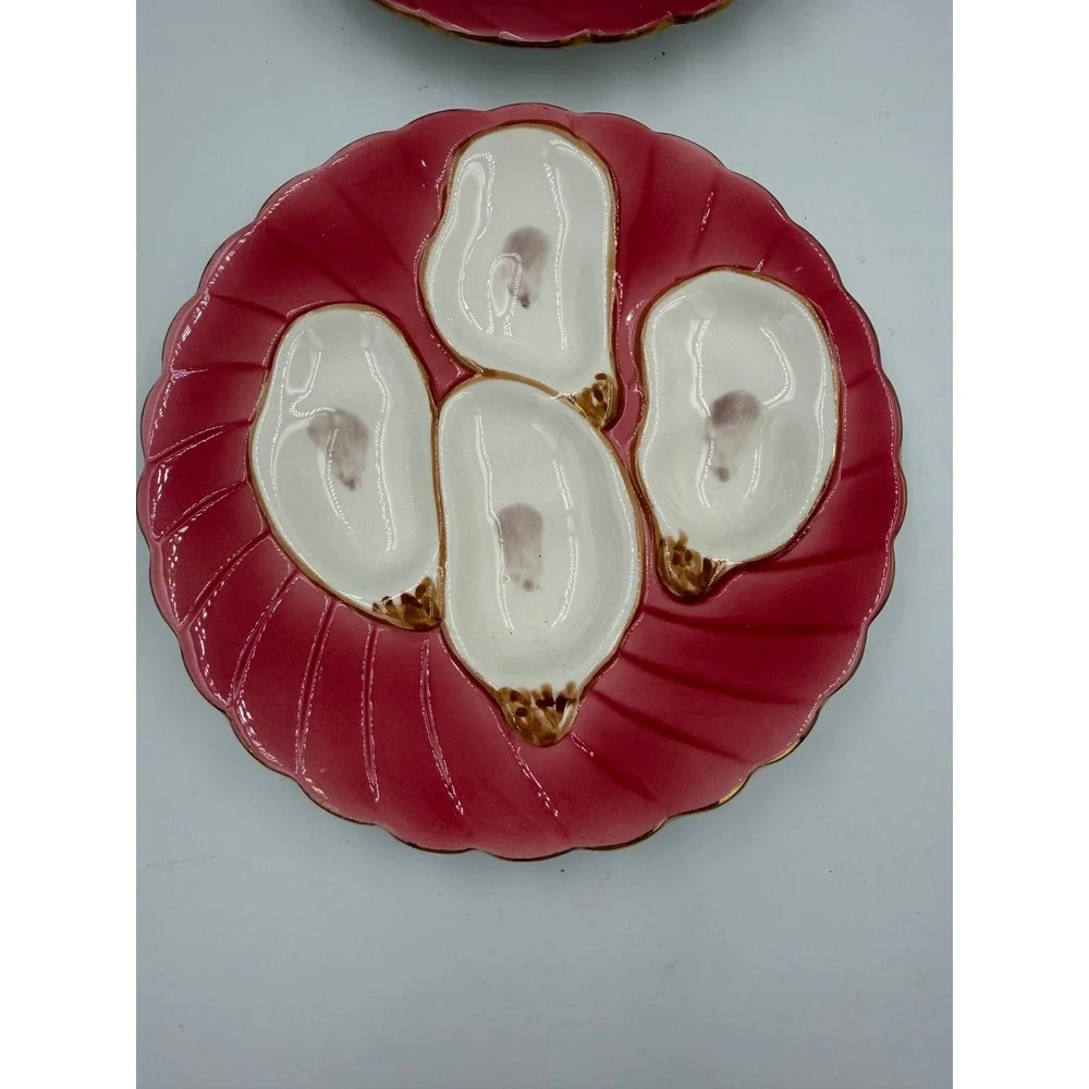 Abigails Raspberry Pink Oyster Plates Gold Rim Set of 2 Ceramic Coastal Decor